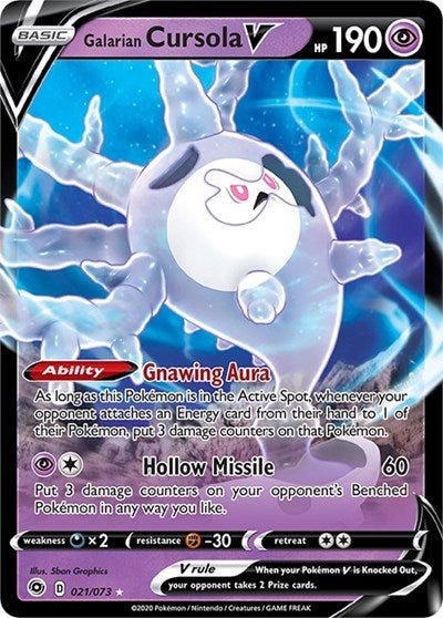 Pokémon card: Galarian Cursola V 021/073 from Champions Path (Ultra Rare), Psychic type, front of card