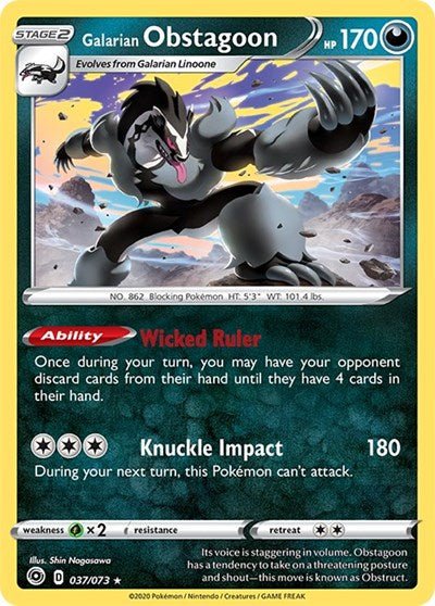 Pokémon card: Galarian Obstagoon 037/073 from Champions Path (Holo Rare), Darkness type, front of card