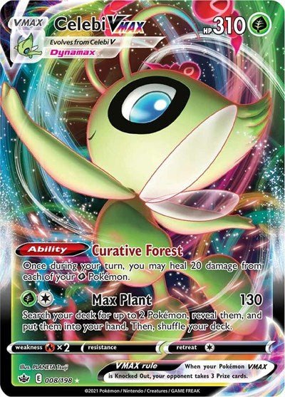 Pokémon card: Celebi VMAX 008/198 from Chilling Reign (Ultra Rare), Grass type, front of card
