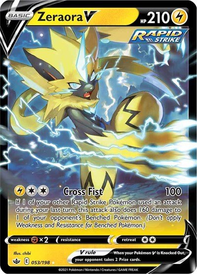Pokémon card: Zeraora V 053/198 from Chilling Reign (Ultra Rare), Lightning type, front of card
