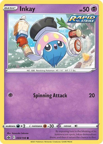 Pokémon card: Inkay 069/198 from Chilling Reign (Common), Psychic type, front of card