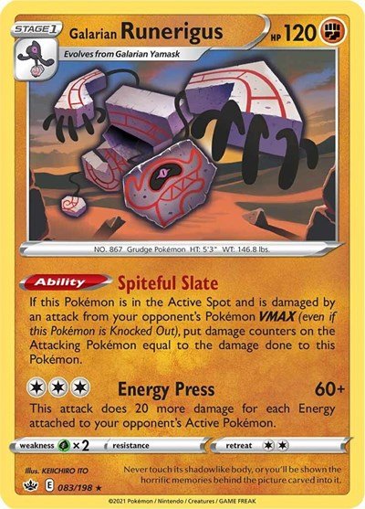 Pokémon card: Galarian Runerigus 083/198 from Chilling Reign (Holo Rare), Fighting type, front of card