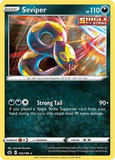 Pokémon card: Seviper 102/198 from Chilling Reign (Rare), Darkness type, front of card
