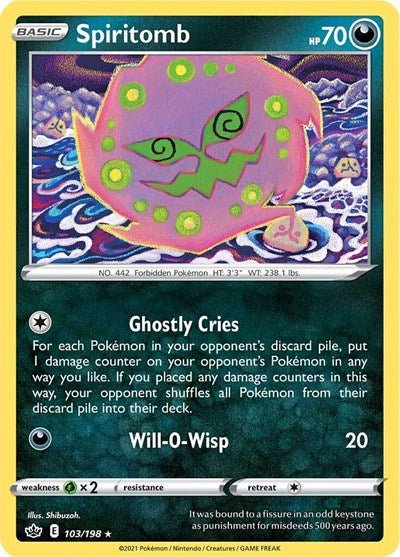 Pokémon card: Spiritomb 103/198 from Chilling Reign (Rare), Darkness type, front of card