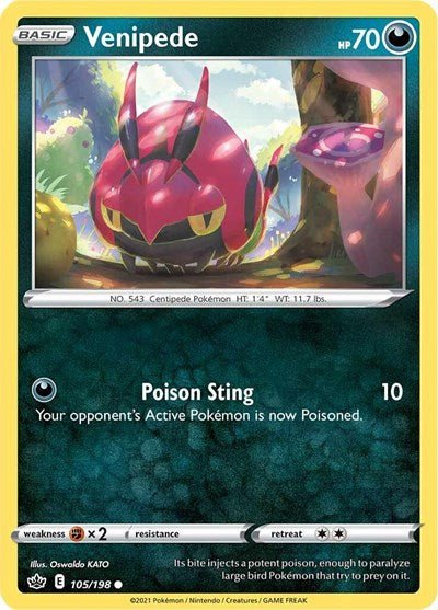 Pokémon card: Venipede 105/198 from Chilling Reign (Common), Darkness type, front of card