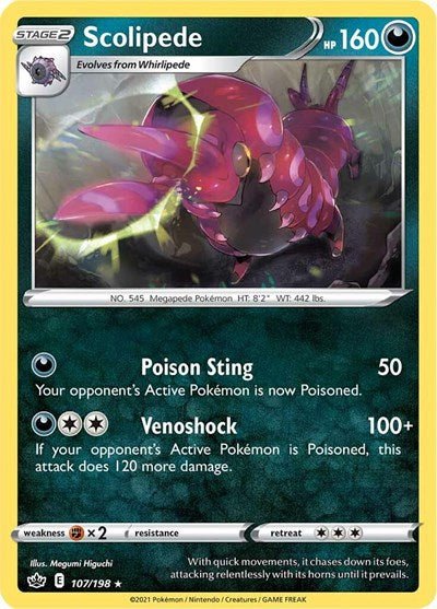 Pokémon card: Scolipede 107/198 from Chilling Reign (Rare), Darkness type, front of card