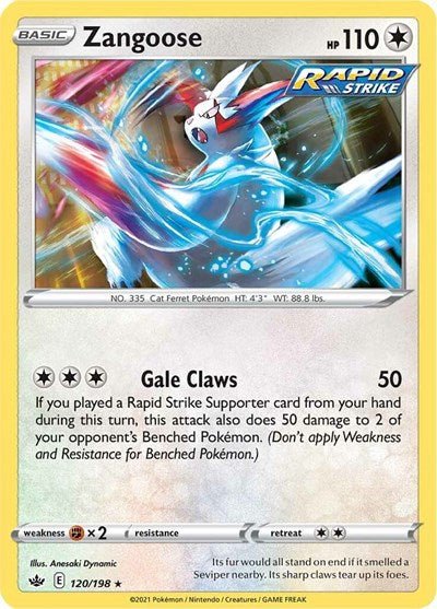 Pokémon card: Zangoose 120/198 from Chilling Reign (Rare), Colorless type, front of card