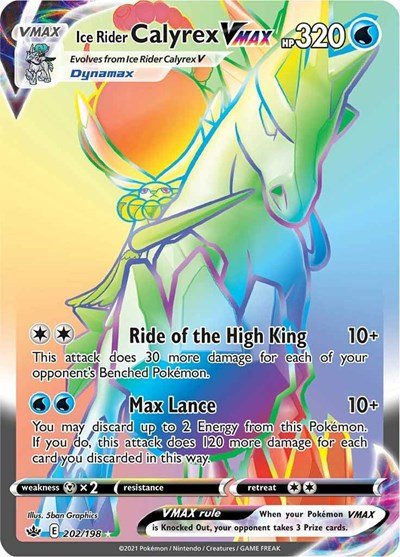 Pokémon card: Ice Rider Calyrex VMAX 202/198 from Chilling Reign (Secret Rare), Water type, front of card