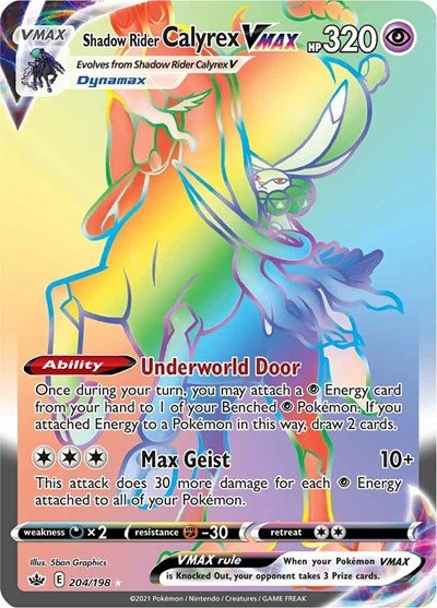 Pokémon card: Shadow Rider Calyrex VMAX 204/198 from Chilling Reign (Secret Rare), Psychic type, front of card