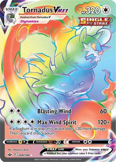Pokémon card: Tornadus VMAX 209/198 from Chilling Reign (Secret Rare), Colorless type, front of card