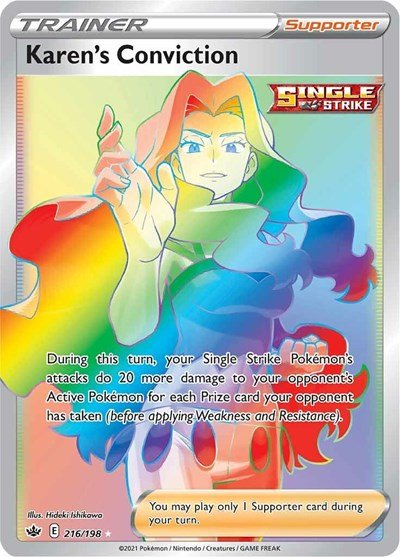 Pokémon card: Karen's Conviction 216/198 from Chilling Reign (Secret Rare), front of card