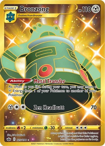 Pokémon card: Bronzong 223/198 from Chilling Reign (Secret Rare), Metal type, front of card