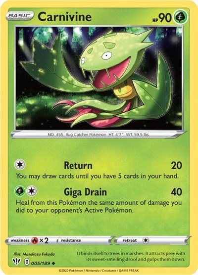 Pokémon card: Carnivine 005/189 from Darkness Ablaze (Uncommon), Grass type, front of card