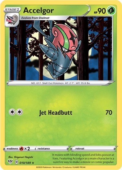 Pokémon card: Accelgor 010/189 from Darkness Ablaze (Rare), Grass type, front of card