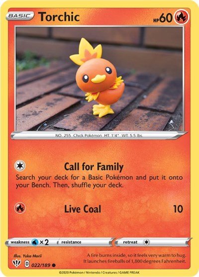 Pokémon card: Torchic 022/189 from Darkness Ablaze (Common), Fire type, front of card