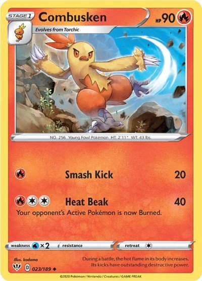 Pokémon card: Combusken 023/189 from Darkness Ablaze (Uncommon), Fire type, front of card