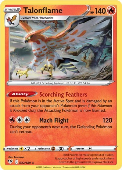 Pokémon card: Talonflame 032/189 from Darkness Ablaze (Rare), Fire type, front of card
