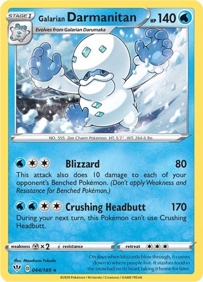Pokémon card: Galarian Darmanitan 044/189 from Darkness Ablaze (Rare), Water type, front of card