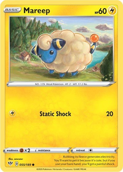 Pokémon card: Mareep 055/189 from Darkness Ablaze (Common), Lightning type, front of card
