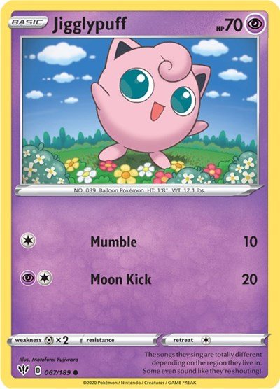 Pokémon card: Jigglypuff 067/189 from Darkness Ablaze (Common), Psychic type, front of card