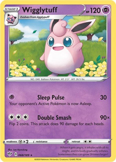 Pokémon card: Wigglytuff 068/189 from Darkness Ablaze (Rare), Psychic type, front of card