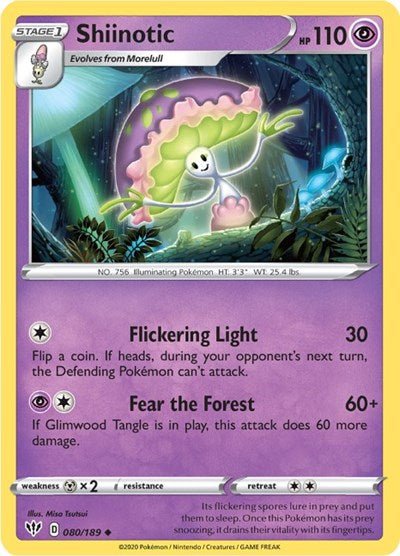 Pokémon card: Shiinotic 080/189 from Darkness Ablaze (Uncommon), Psychic type, front of card