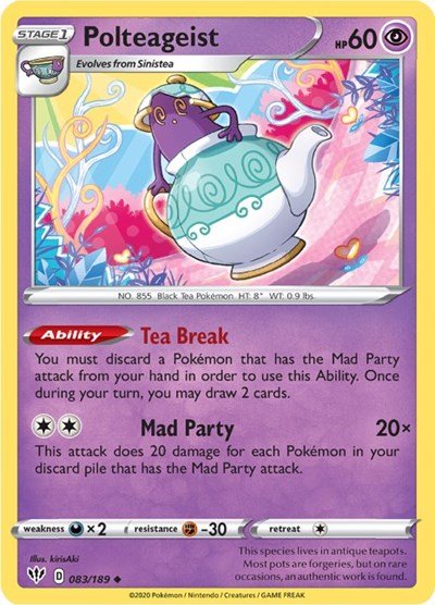 Pokémon card: Polteageist 083/189 from Darkness Ablaze (Uncommon), Psychic type, front of card