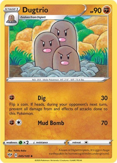 Pokémon card: Dugtrio 085/189 from Darkness Ablaze (Uncommon), Fighting type, front of card