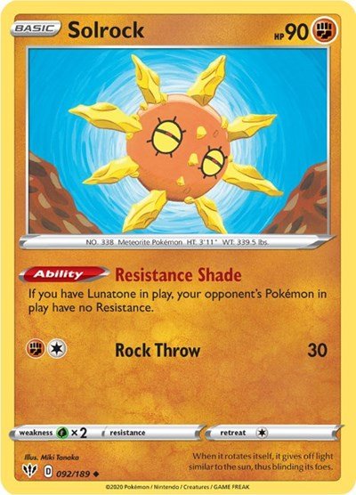 Pokémon card: Solrock 092/189 from Darkness Ablaze (Uncommon), Fighting type, front of card