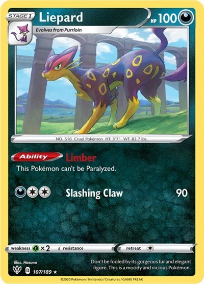 Pokémon card: Liepard 107/189 from Darkness Ablaze (Rare), Darkness type, front of card
