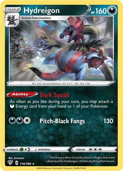 Pokémon card: Hydreigon 110/189 from Darkness Ablaze (Rare), Darkness type, front of card