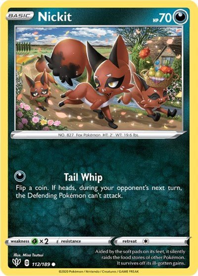 Pokémon card: Nickit 112/189 from Darkness Ablaze (Common), Darkness type, front of card