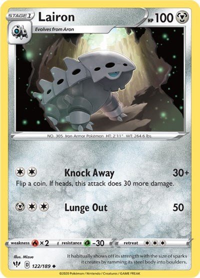 Pokémon card: Lairon 122/189 from Darkness Ablaze (Uncommon), Metal type, front of card