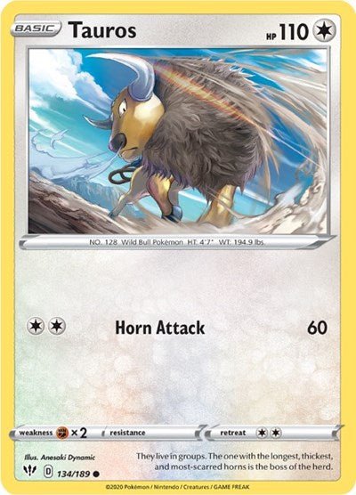 Pokémon card: Tauros 134/189 from Darkness Ablaze (Common), Colorless type, front of card
