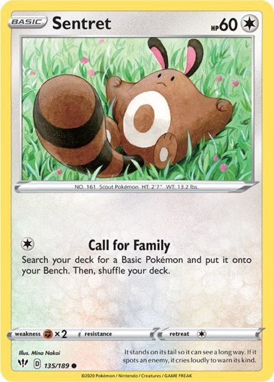 Pokémon card: Sentret 135/189 from Darkness Ablaze (Common), Colorless type, front of card