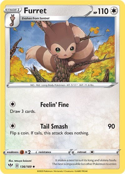 Pokémon card: Furret 136/189 from Darkness Ablaze (Uncommon), Colorless type, front of card