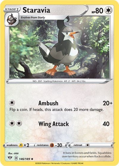Pokémon card: Staravia 146/189 from Darkness Ablaze (Uncommon), Colorless type, front of card
