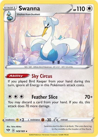 Pokémon card: Swanna 149/189 from Darkness Ablaze (Rare), Colorless type, front of card
