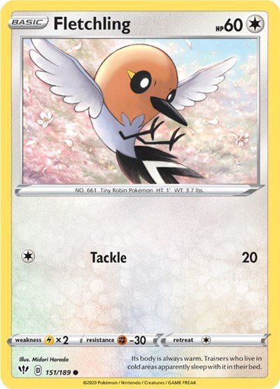Pokémon card: Fletchling 151/189 from Darkness Ablaze (Common), Colorless type, front of card