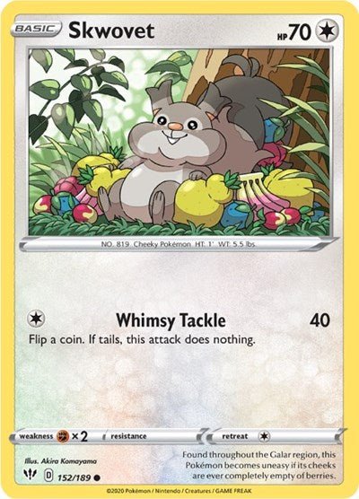 Pokémon card: Skwovet 152/189 from Darkness Ablaze (Common), Colorless type, front of card