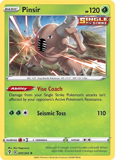 Pokémon card: Pinsir 001/203 from Evolving Skies (Rare), Grass type, front of card