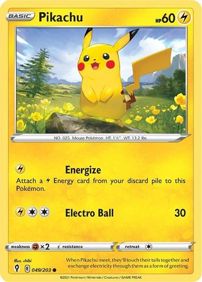 Pokémon card: Pikachu 049/203 from Evolving Skies (Common), Lightning type, front of card