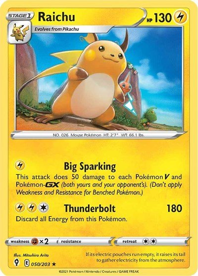 Pokémon card: Raichu 050/203 from Evolving Skies (Holo Rare), Lightning type, front of card