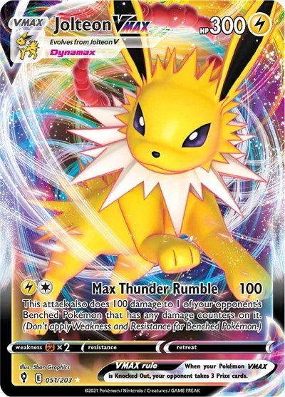 Pokémon card: Jolteon VMAX 051/203 from Evolving Skies (Ultra Rare), Lightning type, front of card