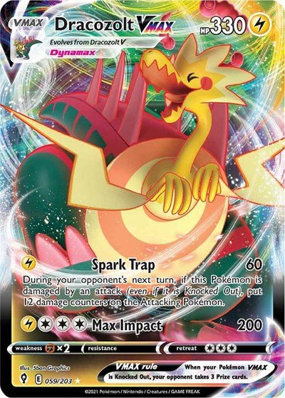 Pokémon card: Dracozolt VMAX 059/203 from Evolving Skies (Ultra Rare), Lightning type, front of card