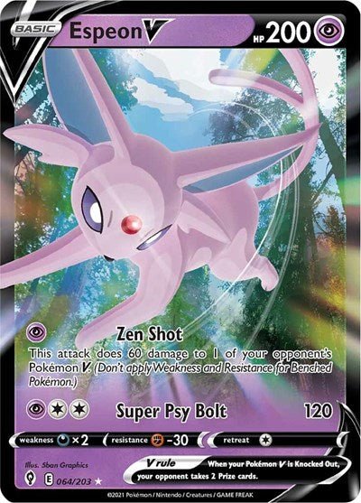 Pokémon card: Espeon V 064/203 from Evolving Skies (Ultra Rare), Psychic type, front of card