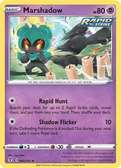Pokémon card: Marshadow 080/203 from Evolving Skies (Holo Rare), Psychic type, front of card