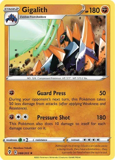 Pokémon card: Gigalith 088/203 from Evolving Skies (Rare), Fighting type, front of card