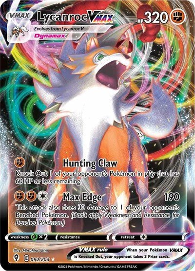 Pokémon card: Lycanroc VMAX 092/203 from Evolving Skies (Ultra Rare), Fighting type, front of card