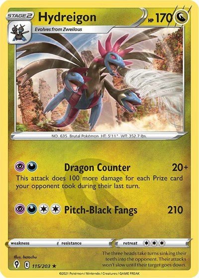 Pokémon card: Hydreigon 115/203 from Evolving Skies (Holo Rare), Dragon type, front of card